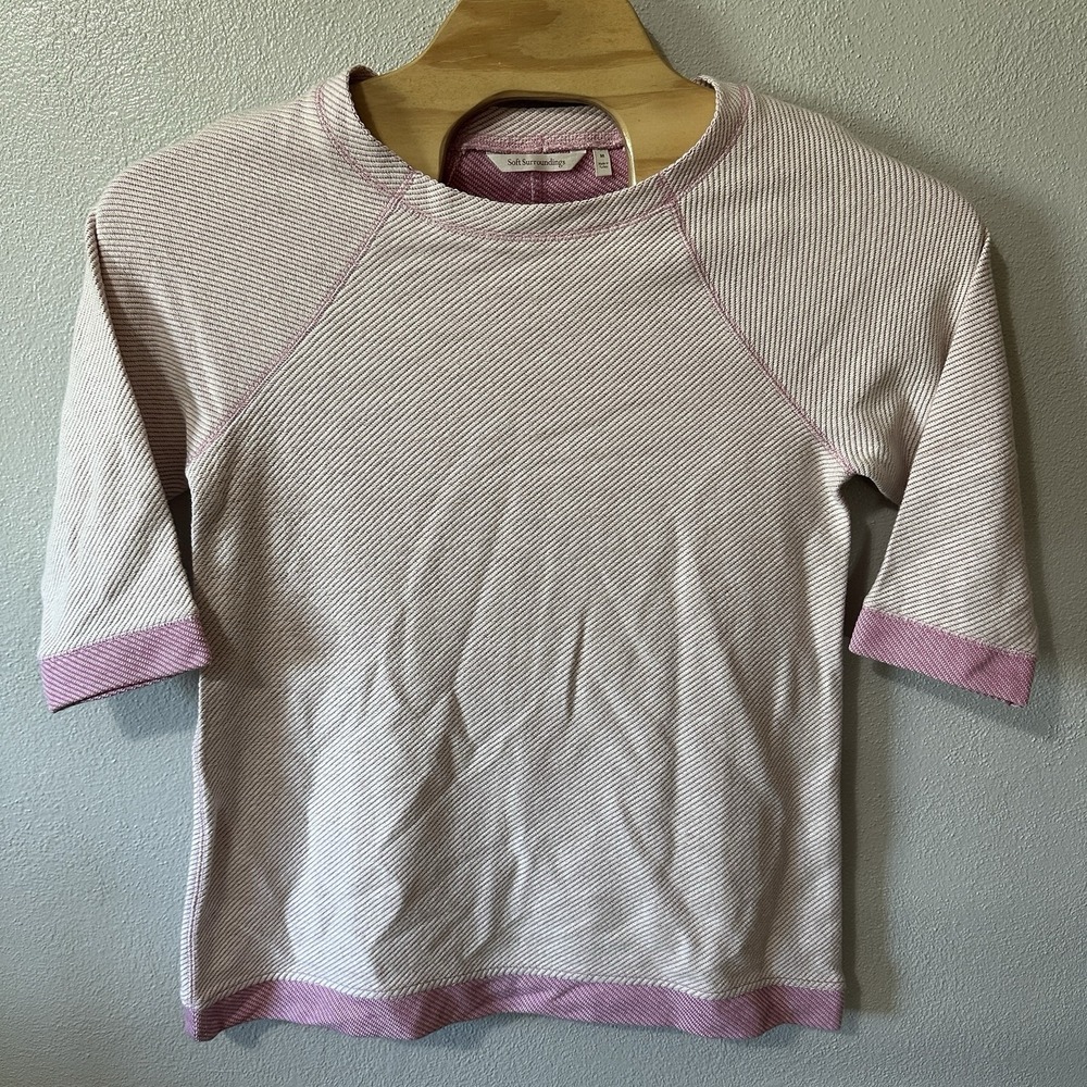 Soft Surroundings Size Mediumā Pink Stripe 3/4 Sleeve Sweatshirt Tunic Pullover